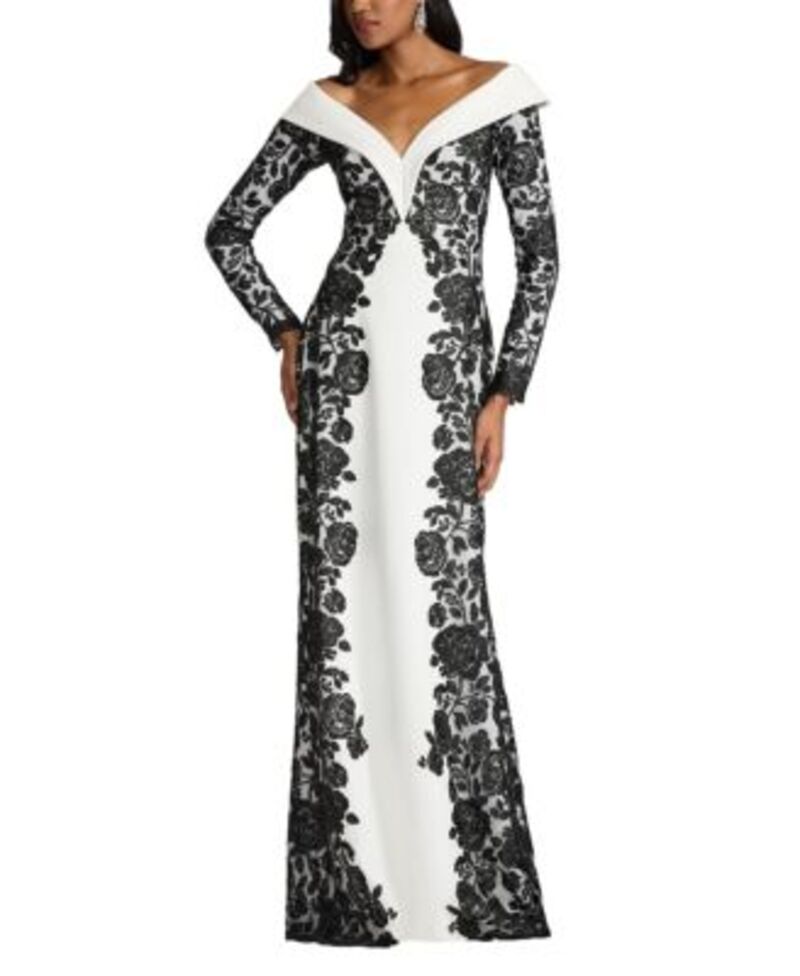 タダシショージ レディース トップス ワンピース クレープ オフショルダー 刺繍 Tadashi Shoji Melara Off-Shoulder Embroidered Crepe Gown Black/Ivory アイボリー｜ReVida 店