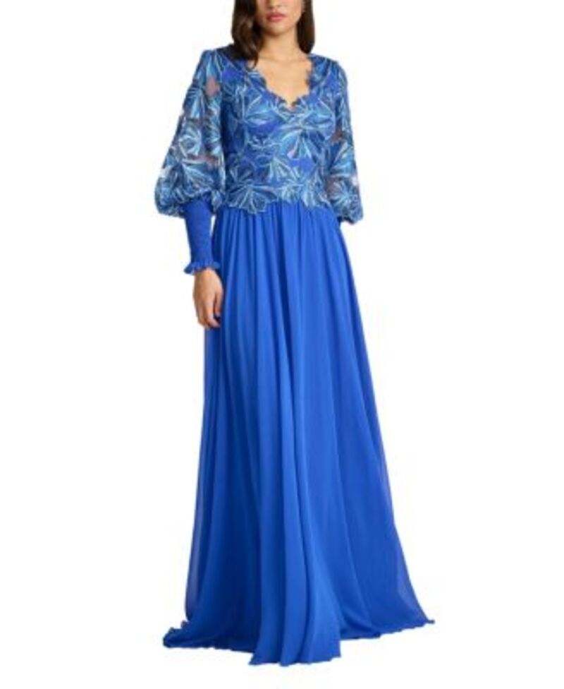 タダシショージ レディース トップス ワンピース 刺繍 Tadashi Shoji Dansby Embroidered Bishop Sleeve Gown Blue Lagoon ブルー