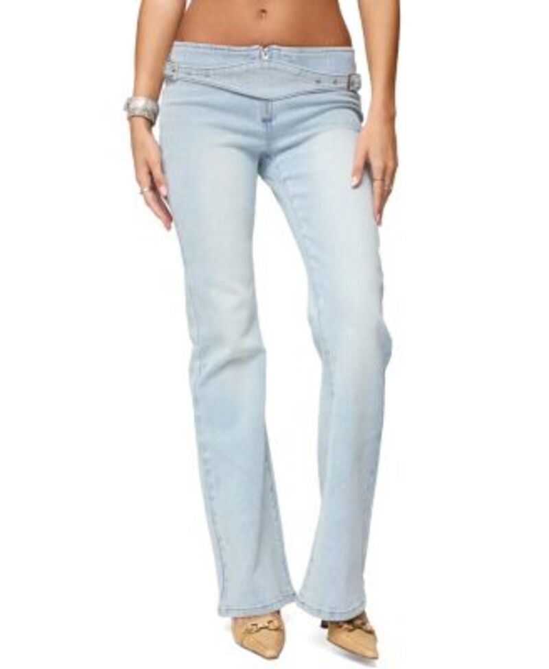 アディクテッド レディース ボトムス デニムパンツ ローライズ ジーンズ Edikted Kenza Belted Low Rise Flared Jeans Light Blue ブルー