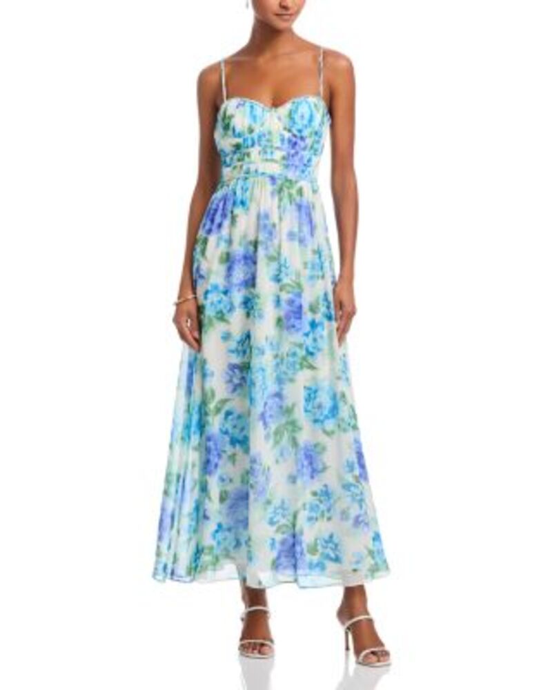 アクア レディース トップス 衣装 御花柄 ノースリーブ マキシ 御花 AQUA Floral Sleeveless Maxi Dress - Exclusive White/Blue 白いこと