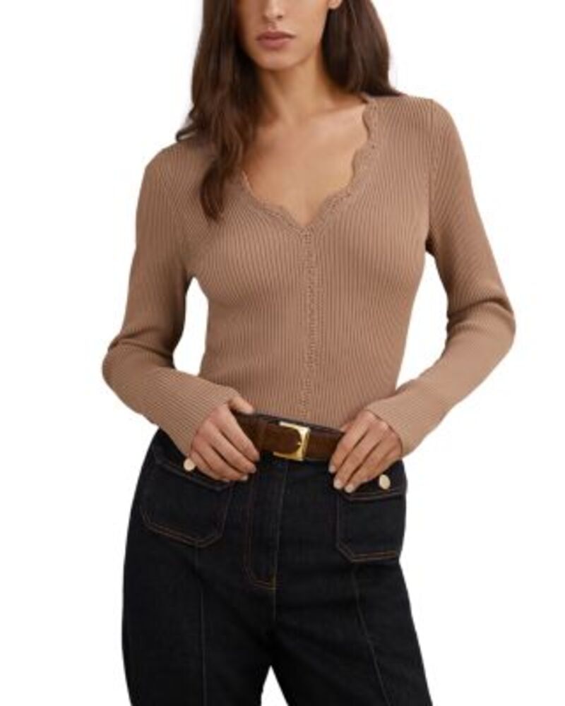 レイス レディース アウター ニット・セーター Vネック REISS Lara Crochet Stitch V Neck Sweater Taupe Neutral トープ｜ReVida 店
