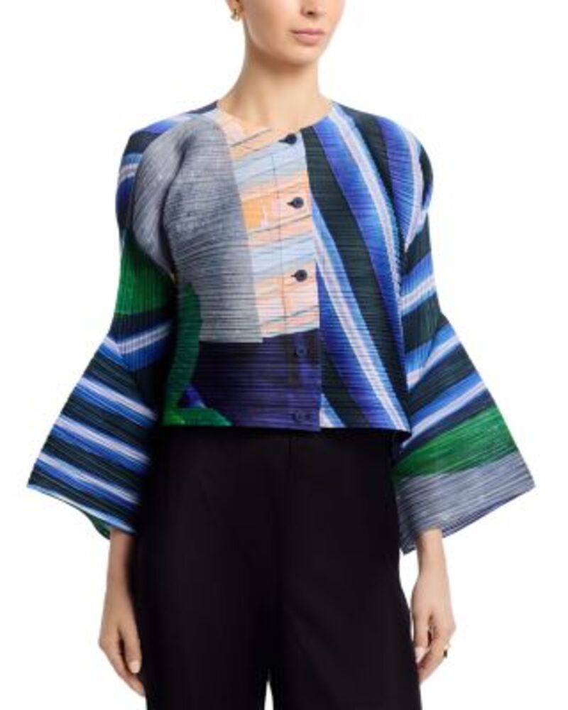 プリーツ プリーズ イッセイ ミヤケ レディース アウター カーディガン セーター PLEATS PLEASE ISSEY MIYAKE City Collage Cardigan Sweater Gray/Navy グレー