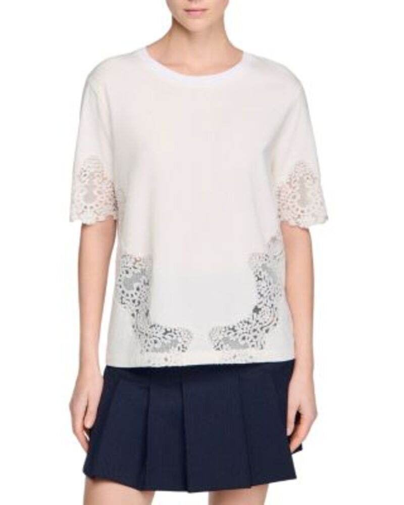 サンドロ レディース トップス Tシャツ コットン レース Sandro Cotton Tee with Lace Detail Ecru エクリュ