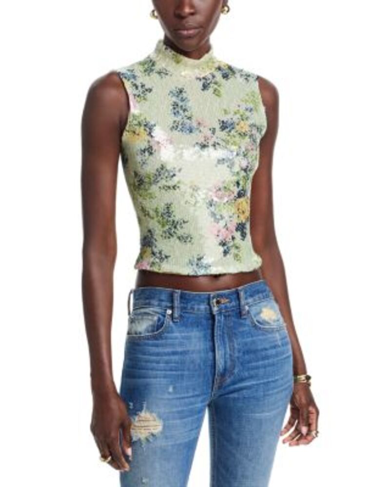 ブランドン・mx レディース トップス 貯蔵タンクいの一番 モックネック Brandon Maxwell Piper Paillette Mock Neck Tank Green Floral 緑であること