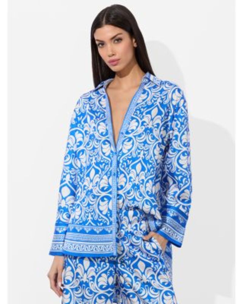 アリスアンドオリビア レディース アウター パーカー・スウェット プリント シャツ Alice and Olivia Kiva Printed Oversized Pajama Shirt Blue and White ホワイト|ReVida 店