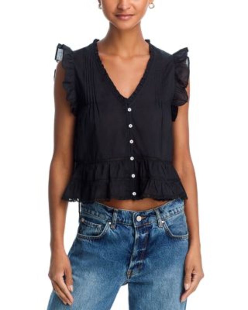 アクア レディース トップス シャツ フリル AQUA Ruffle Button Front Crop Top - Exclusive Black ブラック