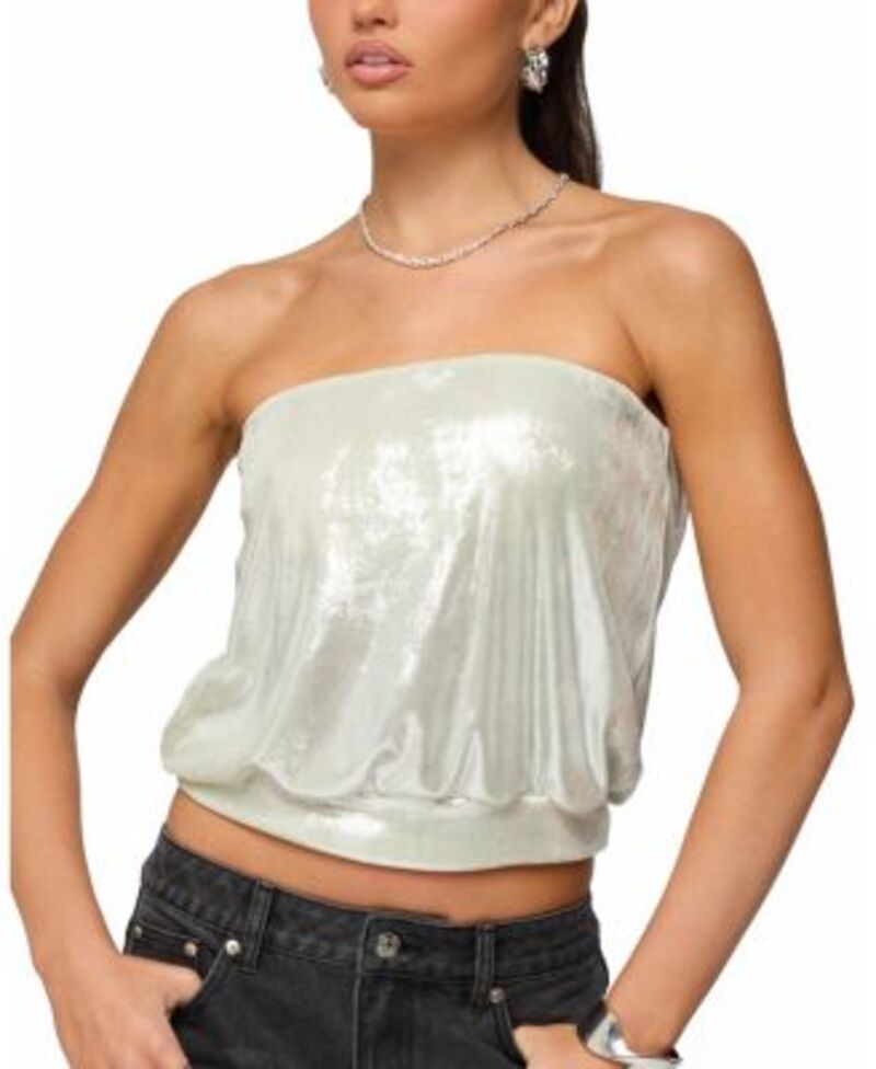 アディクテッド レディース トップス シャツ シルク ストラップレス Edikted Leira Silky Sparkly Strapless Top Gold ゴールド