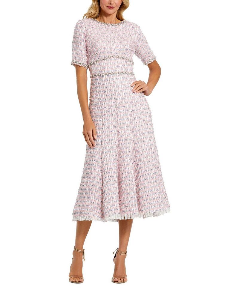 マックダガル レディース トップス 衣装 MIDI Mac Duggal Short Sleeve Beaded Trim Boucle Midi Dress Pink Multi サクラ色
