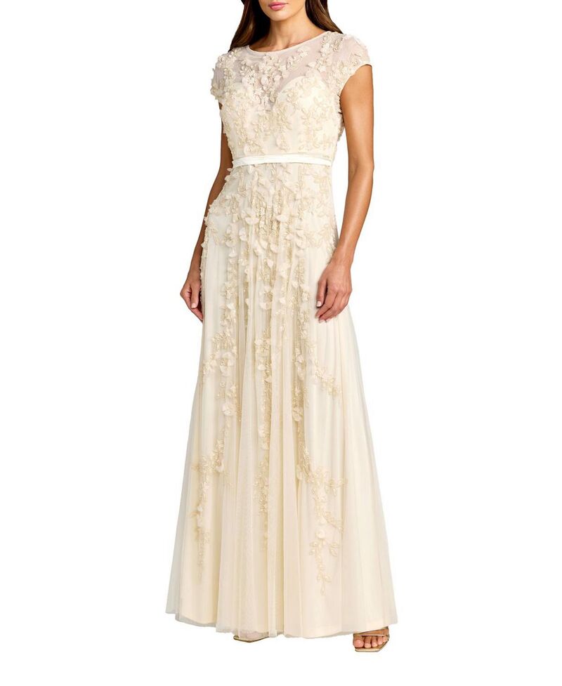 マックダガル レディース トップス ワンピース フラワー柄 メッシュ フラワー Mac Duggal Floral Embellished Short Sleeve Mesh Gown Butter