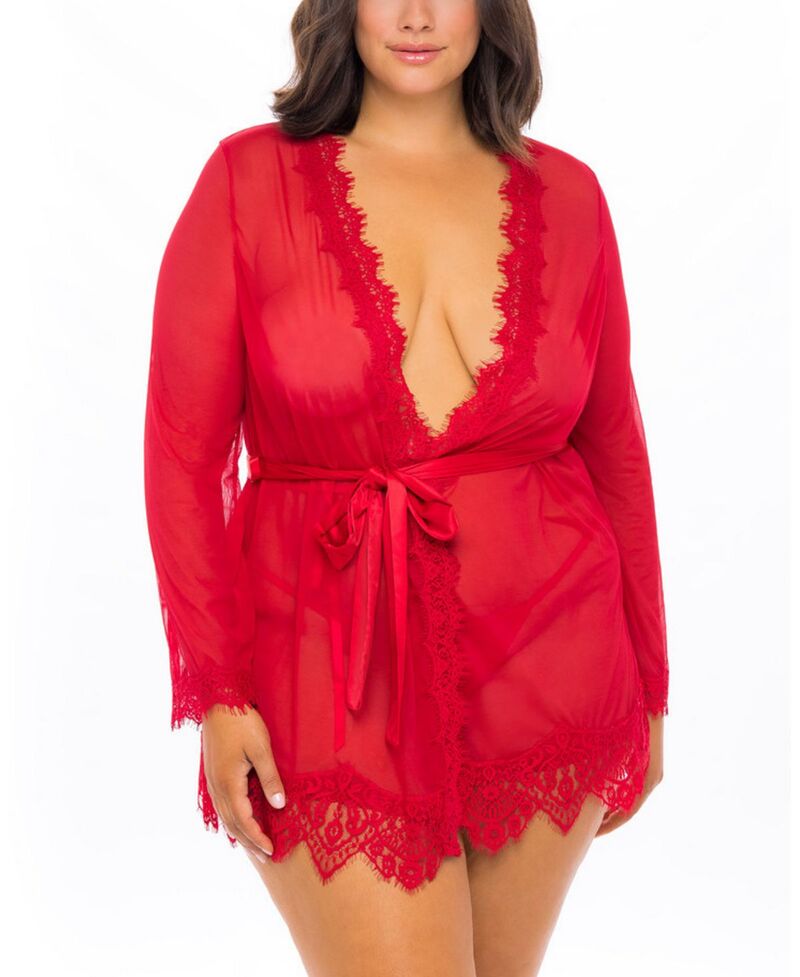 ララシェリ レディース アンダーウェア ナイトウェア プラスサイズ レース Oh La Cheri Plusize Provenceyelash Lace Robe with Sash and G-string Panty Red レッド