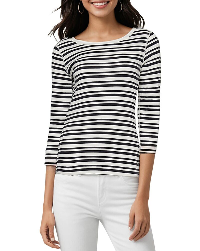 スリードッツ レディース トップス Tシャツ Three Dots Boat Neck Tee Black Beauty Stripe ブラック
