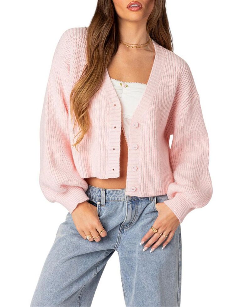 アディクテッド レディース アウター 編み物・スウェーター ジレー クロップド Edikted Sabrina Chunky Knit Cropped Cardigan Light Pink さくら色 セーター-トップス-レディースファッション