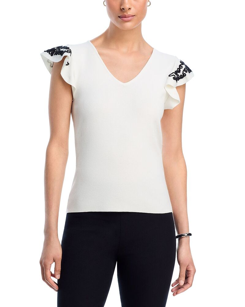 ティー・タハリ レディース アウター ニット・セーター Vネック Tahari V Neck Flutter Sleeve Sweater White Star ホワイト