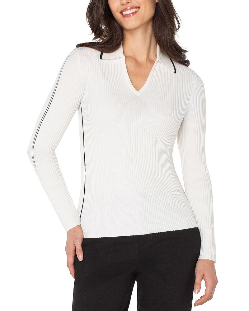 リヴァプール ロサンゼルス レディース アウター ニット・セーター Vネック Liverpoolos Angeles V Neck Collared Sweater White/ Black Stripe ホワイト