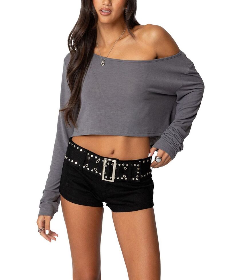 アディクテッド レディース トップス シャツ クロップド Edikted Cropped Off Shoulder Top Gray グレー