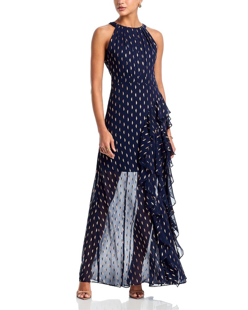 アクア レディース トップス ワンピース シフォン フリル トール AQUA Metallicrescent Chiffon Ruffle Gown - Exclusive Navy/Copper ネイビー｜ReVida 店