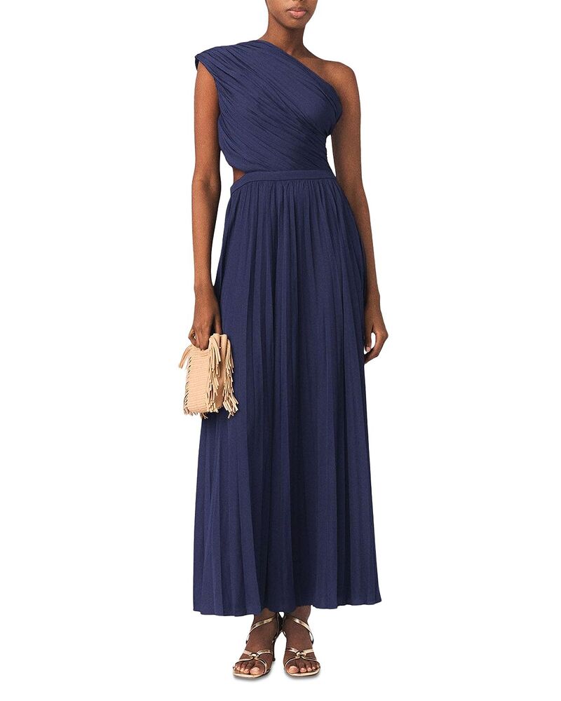 マージュ レディース トップス 衣装 非対称 筋目 マキシ Maje Revi Asymmetric Pleated Maxi Dress Navy 米国海軍
