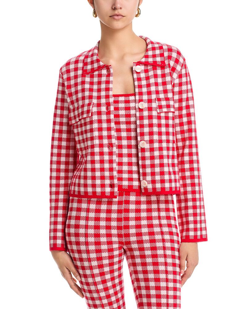 アクア レディース アウター ジャケット・ブルゾン ギンガムチェック ニット ギンガム AQUA Gingham Knit Jacket - Exclusive Red/White ホワイト