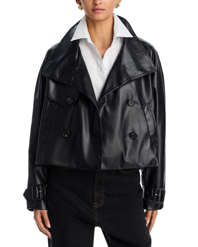 アクア レディース アウター コート クロップド レザー フェイクレザー AQUA Cropped Faux Leather Trench Coat - Exclusive Black ブラック｜ReVida 店
