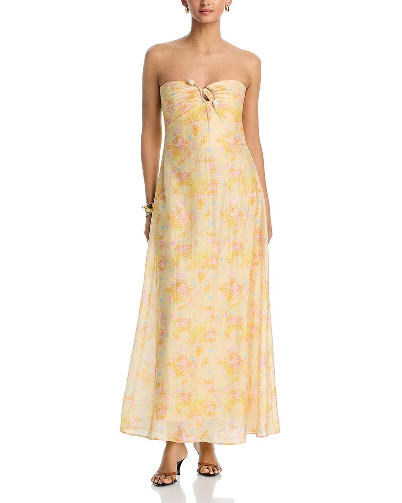 バードット レディース トップス ワンピーストラップレス マキシ Bardot Amina Strapless Maxi Dress Yellow Floral イエロー