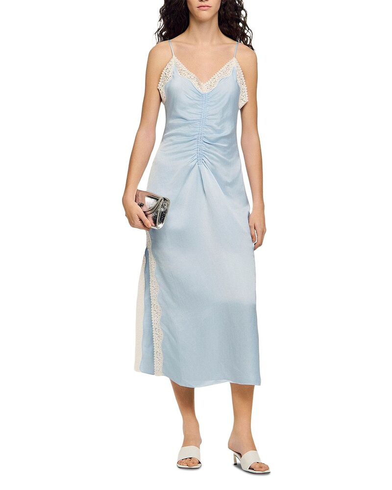 サンドロ レディース トップス ワンピース サテン レース Sandro Gaiana Satin Effect Lace Dressky Blue ブルー｜ReVida 店
