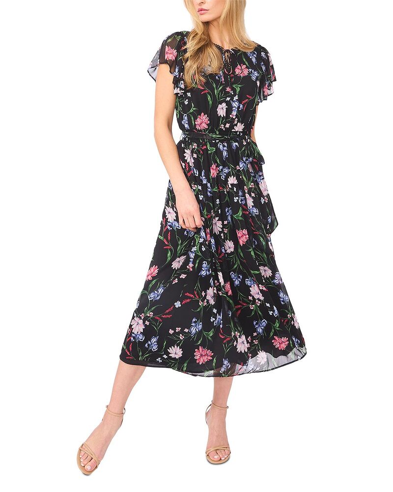 セセ レディース トップス 衣装 フラウンス CeCe Ruffle Short Sleeve Keyhole Tie Waist Dress Rich Black 黒いこと