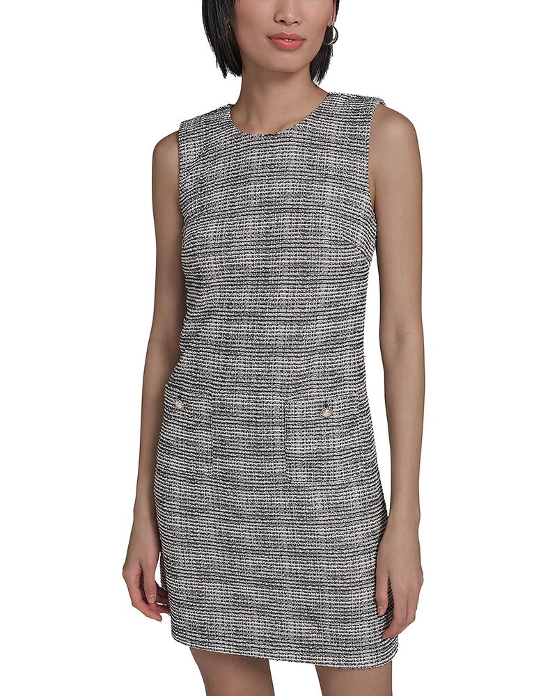 カール ラガーフェルド レディース トップス ワンピース ツイード ノースリーブ ニット KARLAGERFELD PARIS Flower Button Sleeveless Knitweed Sheath Dress Black/ Soft White ホワイト