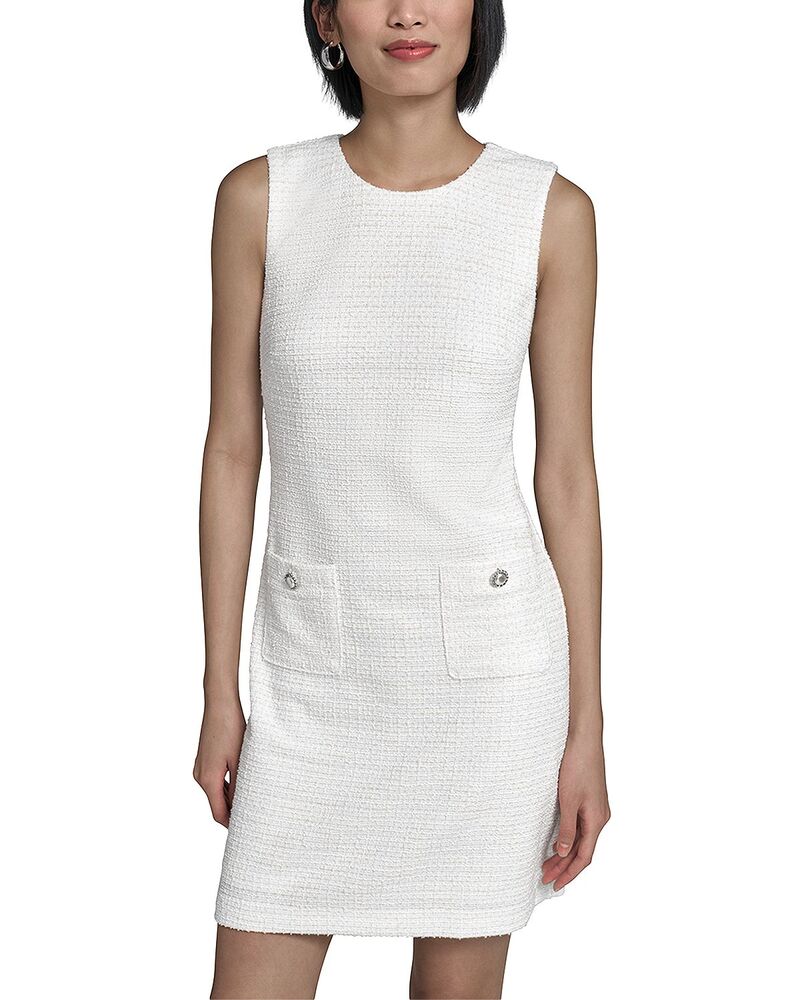 カール ラガーフェルド レディース トップス ワンピース ツイード ノースリーブ ニット KARLAGERFELD PARIS Flower Button Sleeveless Knitweed Sheath Dressoft White ホワイト
