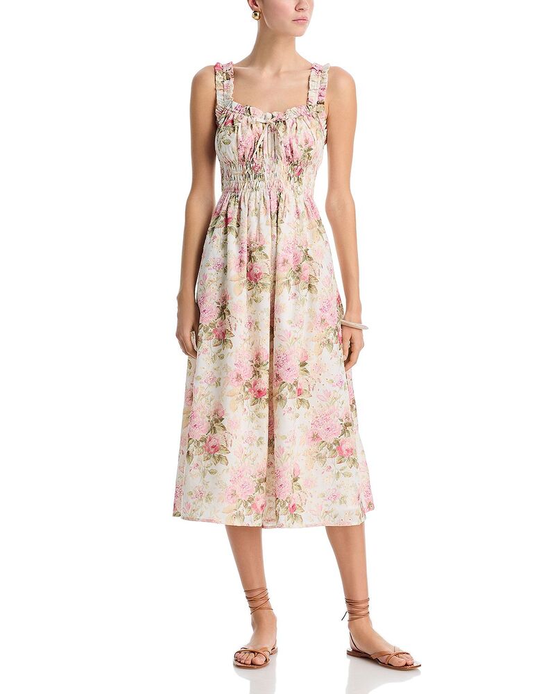 アクア レディース トップス ワンピース フラワー柄 ミディ シャーリング フラワー AQUA Floral Eyeletie Smocked Midi Dress - Exclusive Pink Multi ピンク