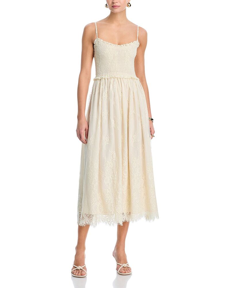 アクア レディース トップス ワンピース ミディ シャーリング レース AQUA Lace Smocked Midi Dress - Exclusive Vintage White ホワイト