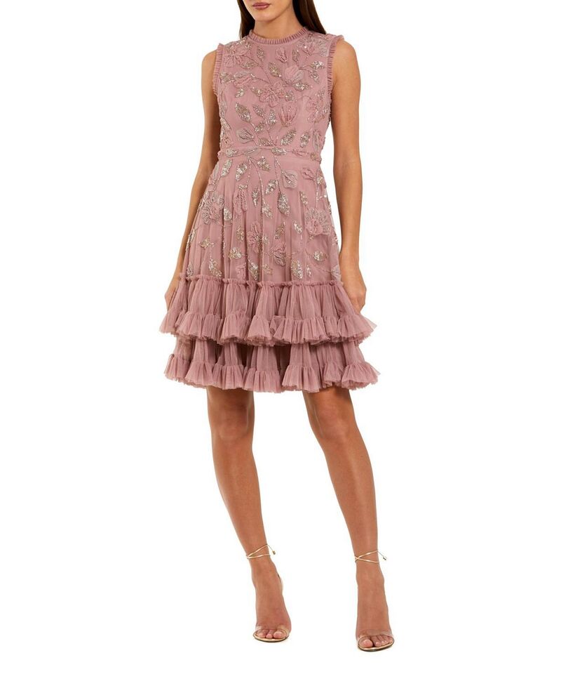 マックダガル レディース トップス ワンピース ハイネック フリル ノースリーブ Mac Duggal High Neck Sleeveless Beadedress With Ruffled Hem Antique Rose｜ReVida 店 101,900円