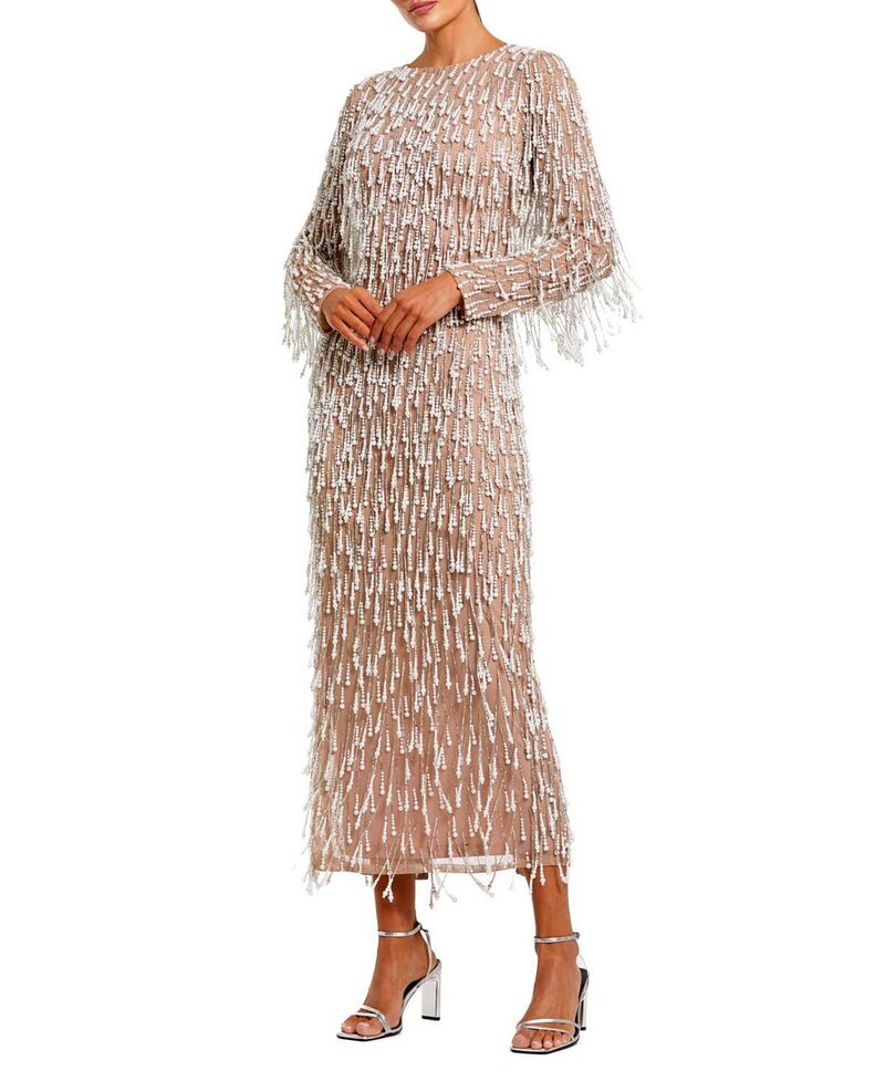 マックダガル レディース トップス 衣裳 MIDI フリンジ Mac Duggalong Sleeve Midi Dress with Embellished Fringe Ivory Nude 象牙色 ワンピース-レディースファッション