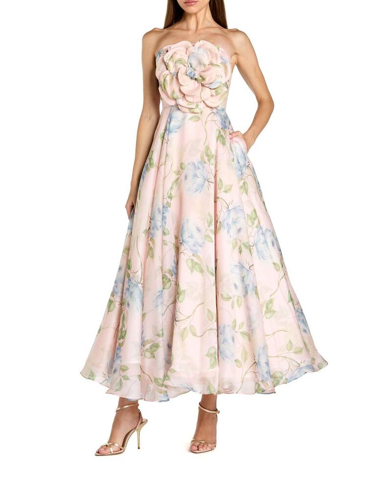 マックダガル レディース トップス ワンピース フラワー柄 ミディ ストラップレス フラワー Mac Duggal Strapless Floral Organza Midi Dress with Flower Powder Blue Multi ブルー