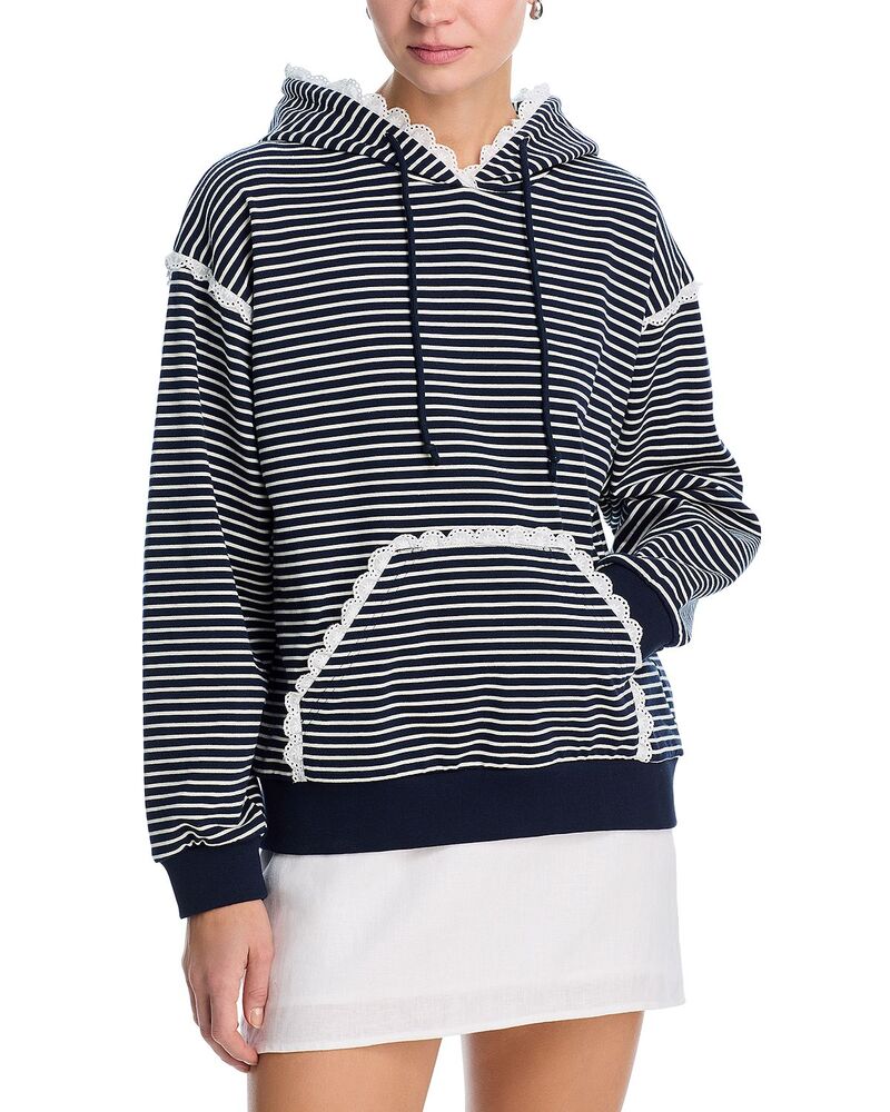 アクア レディース アウター パーカー・スウェット フリル シャツ AQUA Stripeyelet Ruffle Sweatshirt - Exclusive Navy/White ホワイト