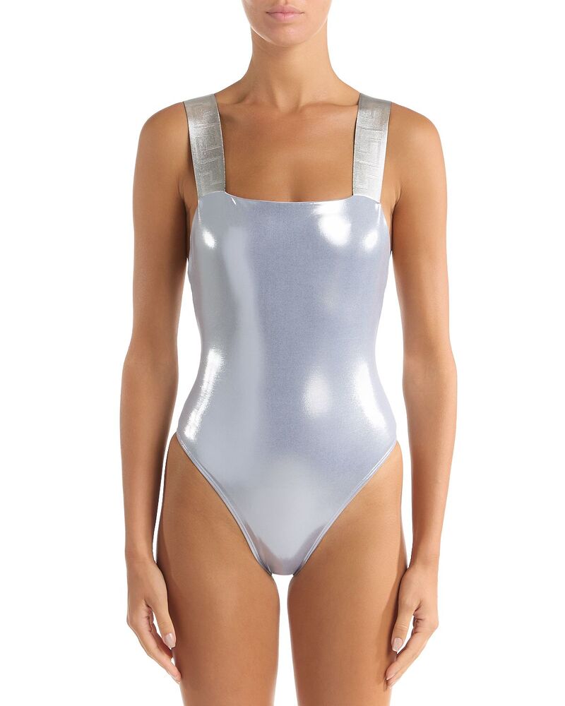 ヴェルサーチ レディース 海水着 上下書き割り Versace Laminated One Piece Swimsuit Silver しろがね色