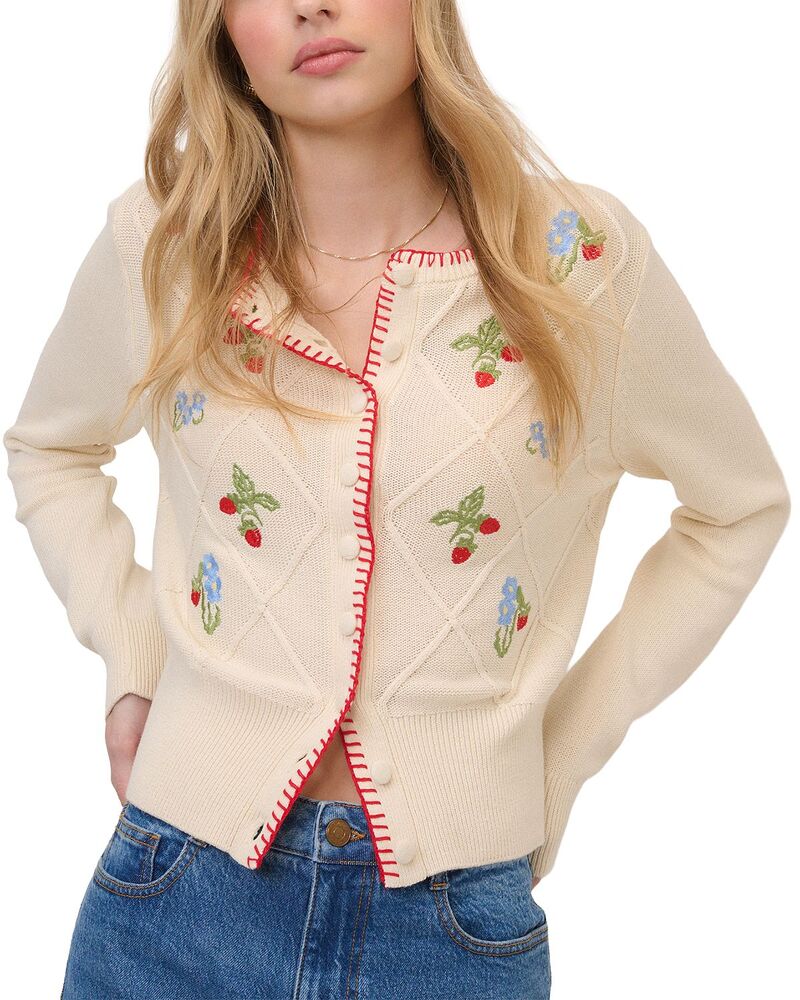ノーバディーズ チャイルド レディース アウター ジレー 刺しゅう Nobody\u0027s Child Strawberry Embroidered Cardigan Medium Beige ベージュ