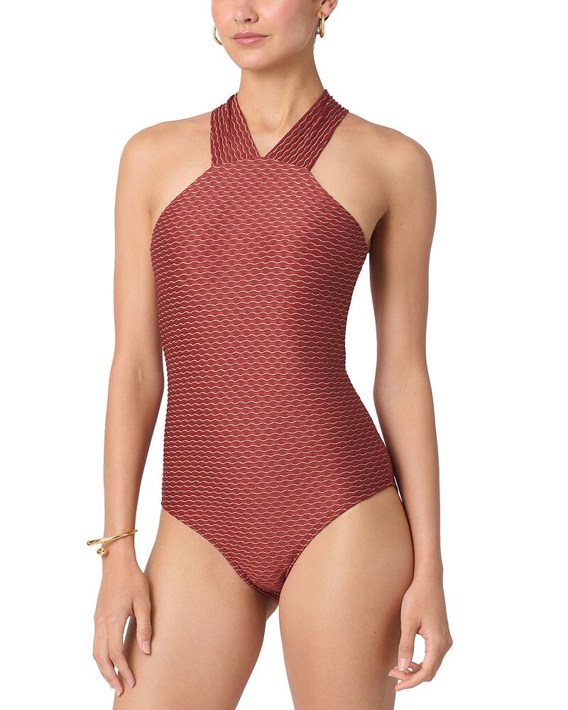 ショシャーナ レディース 水泳着 上下書き割り ハイネック Shoshanna High Neck Wave Texture One Piece Swimsuit Cinnamon/Gold ゴールド