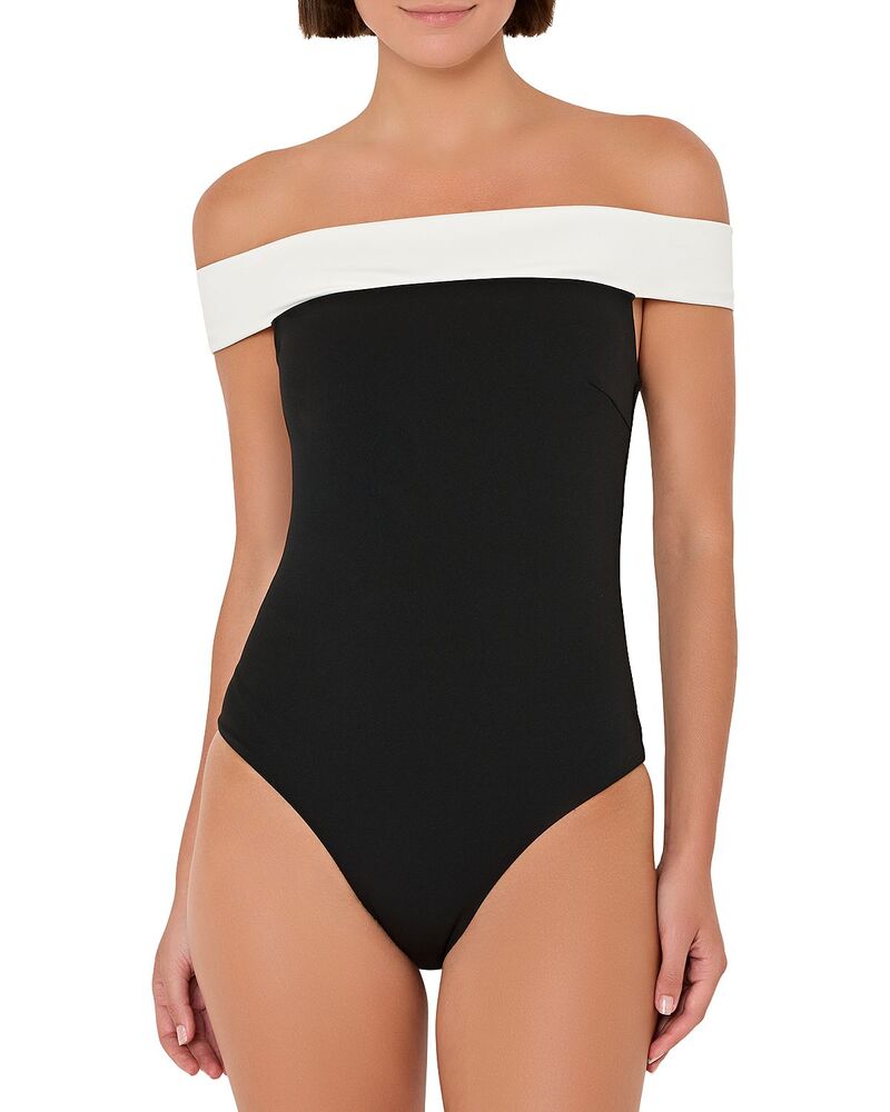 ミリー レディース 水泳着 上下書き割り MILLY Solid Off-the-Shoulder One Piece Swimsuit Black/white 白いこと
