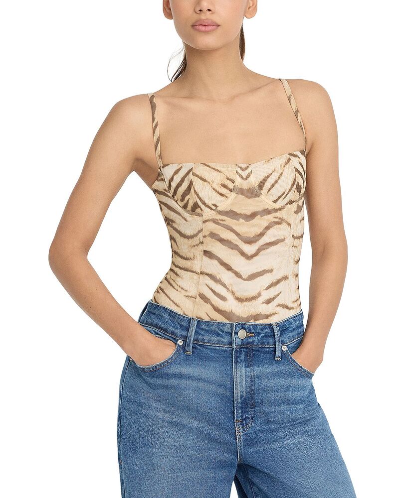 グッドアメリカン レディース トップス シャツ メッシュ ボディースーツ Good American Corset Demi Mesh Bodysuit Brown Tiger ブラウン