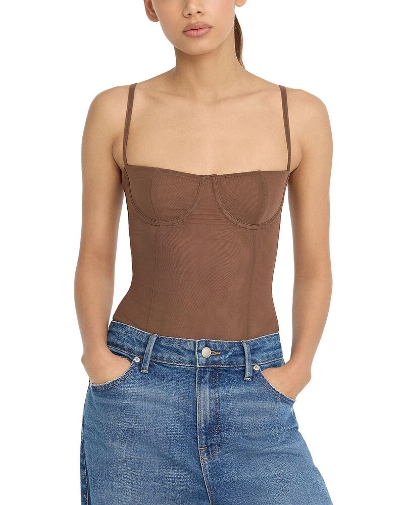 グッドアメリカン レディース トップス シャツ メッシュ ボディースーツ Good American Corset Demi Mesh Bodysuit Saddlewood