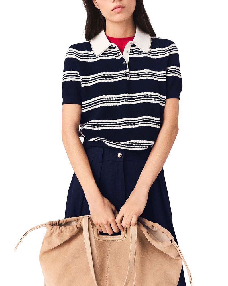 マージュ レディース トップス ポロシャツ Maje Striped Rhinestone Collar Polo Ecru/Navy Blue エクリュ