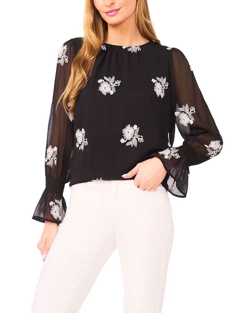 セセ レディース トップス シャツ クルーネック シャーリング ブラウス CeCe Long Sleeve Smocked Cuff Crewneck Blouse Rich Black ブラック