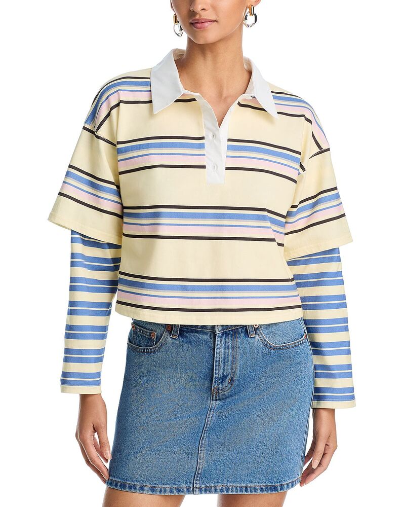 アクア レディース トップス Tシャツ AQUA Multi Stripe Layered Long Sleeve Tee - Exclusive Yellow/Blue ブルー 12,946円