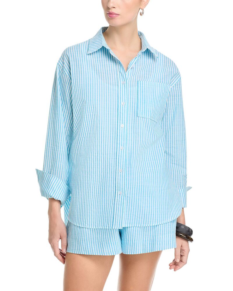 アクア レディース トップス シャツ AQUA Stripe Button Front Shirt - Exclusive Royal/White ホワイト