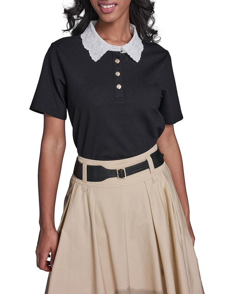 カール ラガーフェルド レディース トップス ポロシャツ フラワー柄 フラワー KARLAGERFELD PARIS Floral Collar Polo Top Black ブラック|ReVida 店