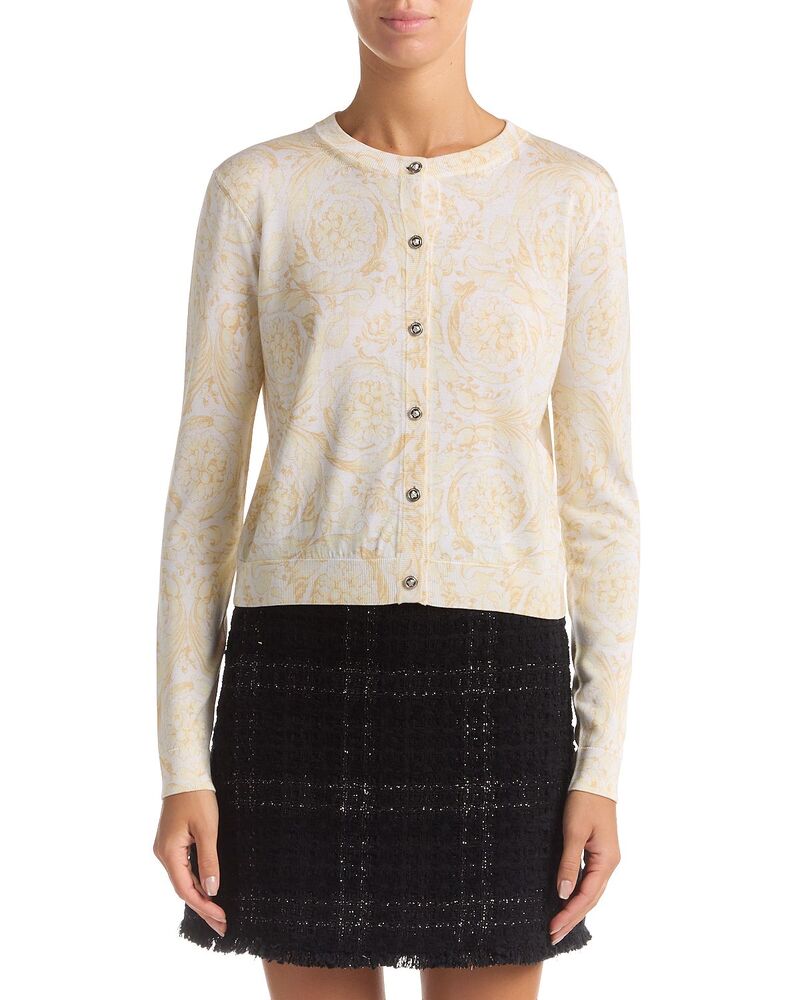 ヴェルサーチ レディース アウター ジレー 刷り上げる スウェーター 絹地 Versace Barocco Printed Silk Cardigan Sweater Washed Out Gold ゴールド