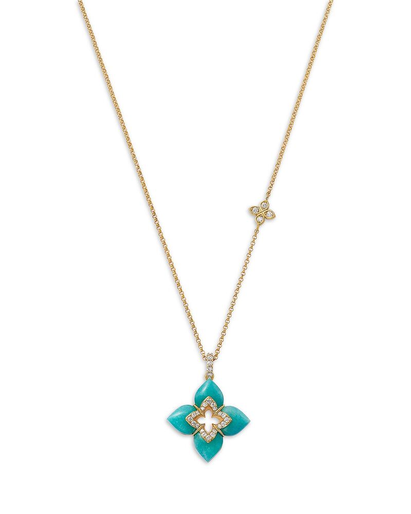 ロバートコイン レディース アクセサリー ネックレス・チョーカー・ペンダントトップ レース Roberto Coin 18K Yellow Gold Venetian Princess Cabochon Diamond Flower Pendant Necklace 16-18\
