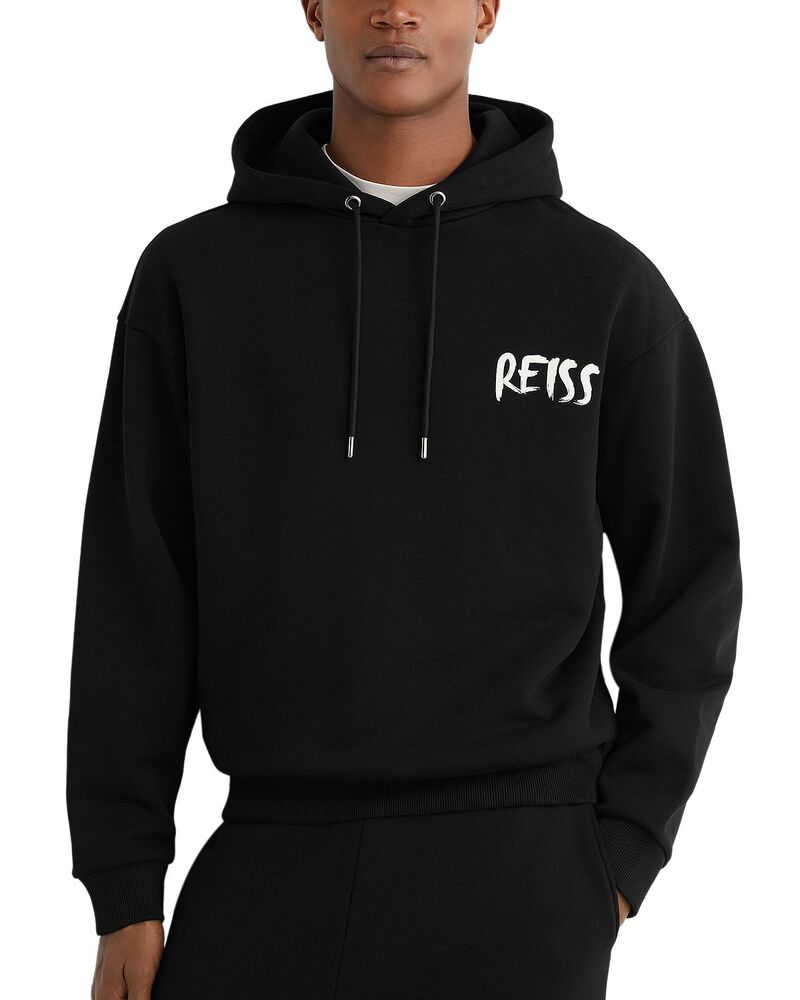 レイス メンズ アウター パーカー・スウェット 刷り上げる 綿織物 REISS Newton Printed Cotton Hoodie Black 黒いこと
