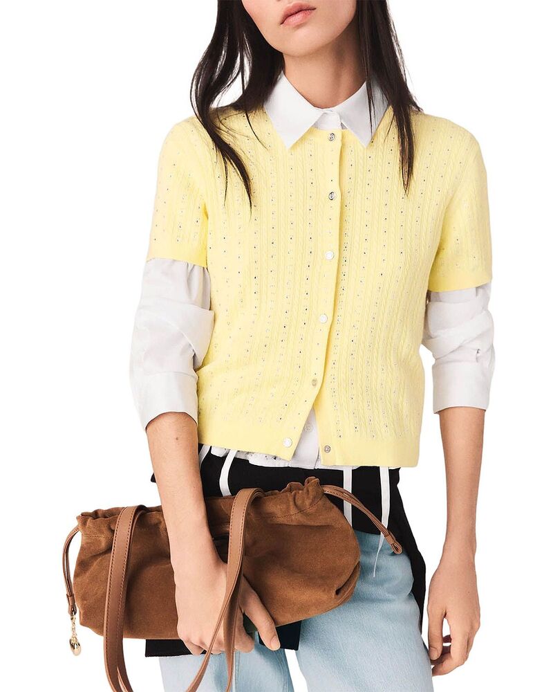 マージュ レディース アウター カーディガン Maje Mapilo Rhinestone Short Sleeve Cardigan Yellow イエロー