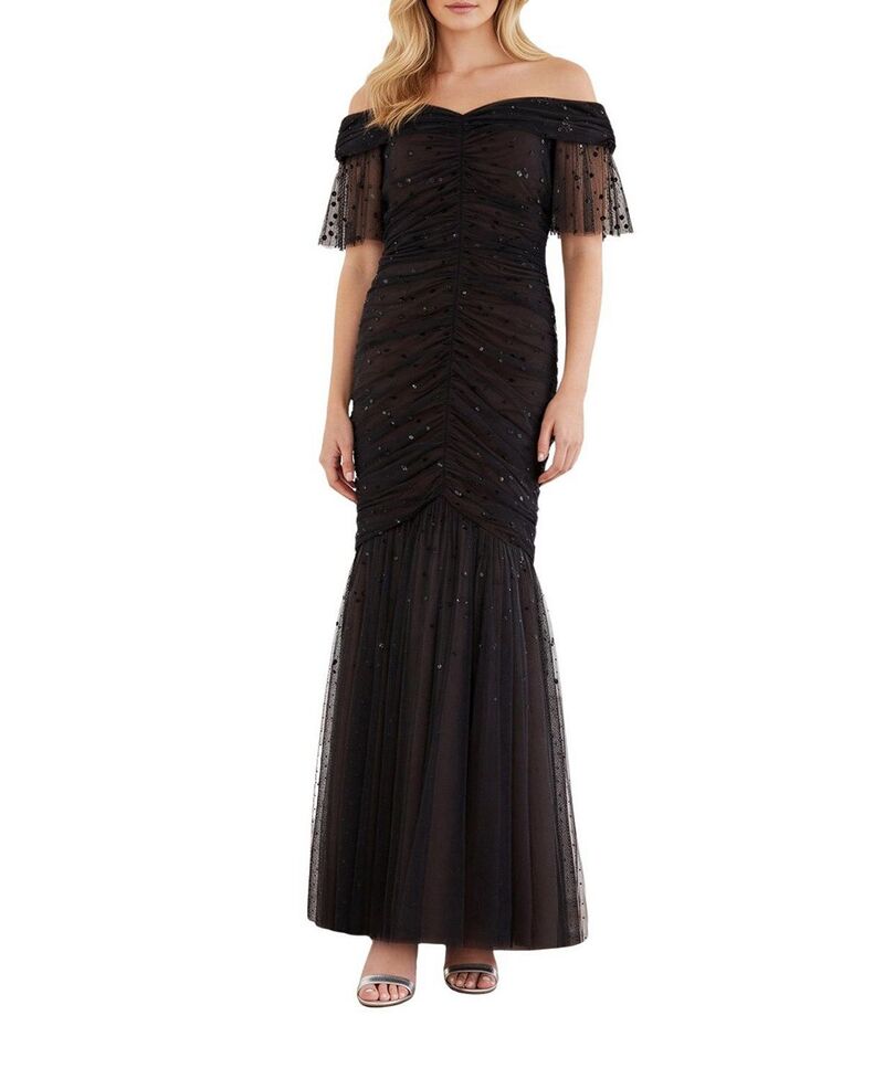 ニードルアンドスレッド レディース トップス ワンピース オフショルダー スパンコール Needle & Threadappled Sequin Rouched Off-Shoulder Gown Graphite/Warm Taupe グラファイト